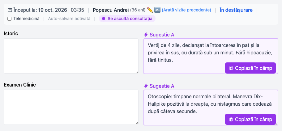 Medicul vorbește cu pacientul, iar propunerile AI apar lângă fiecare câmp