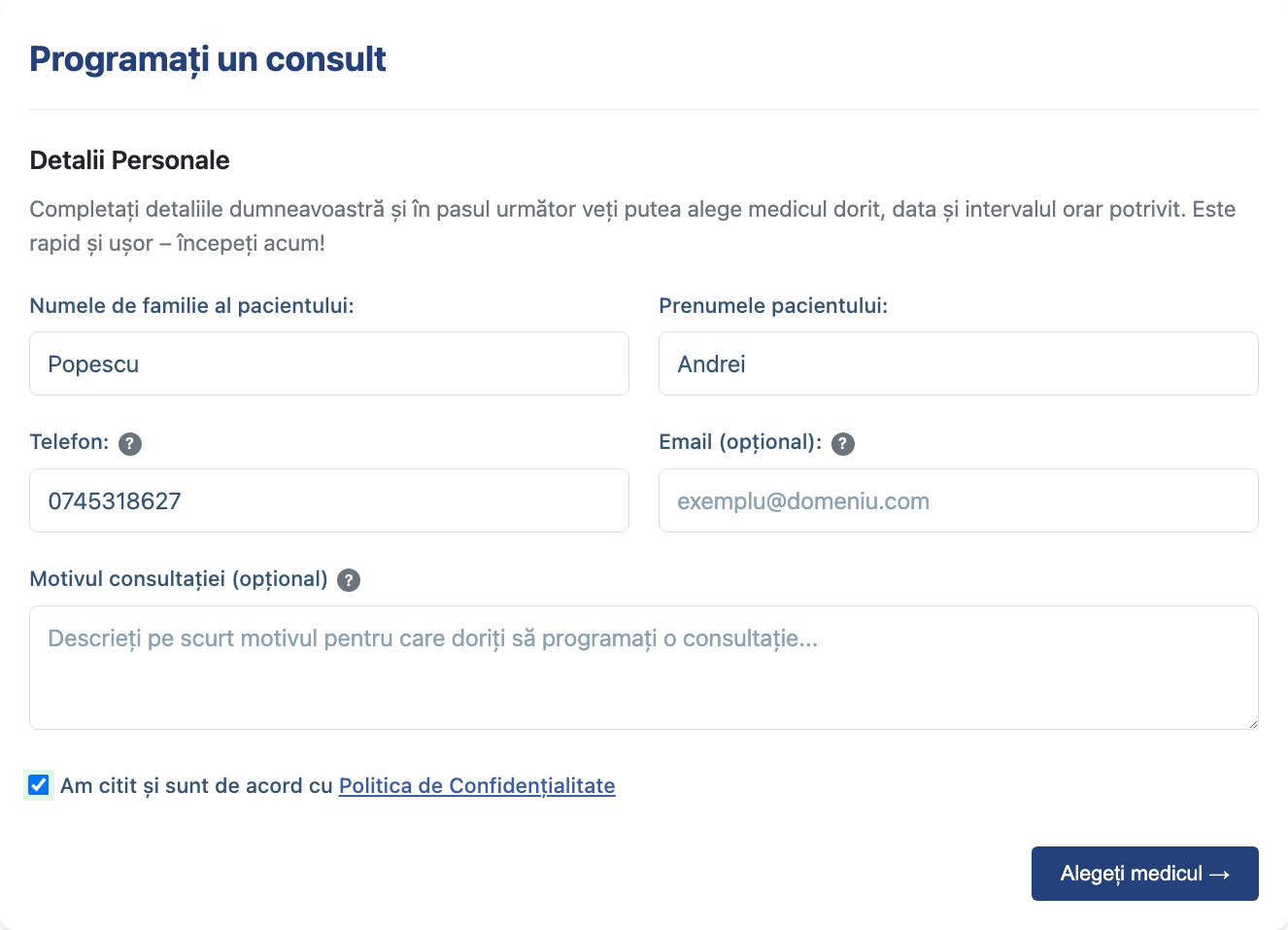 Pacientul își trece numele și telefonul