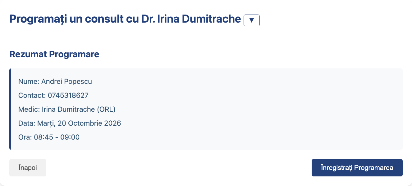 Pacientul verifică programarea și o trimite