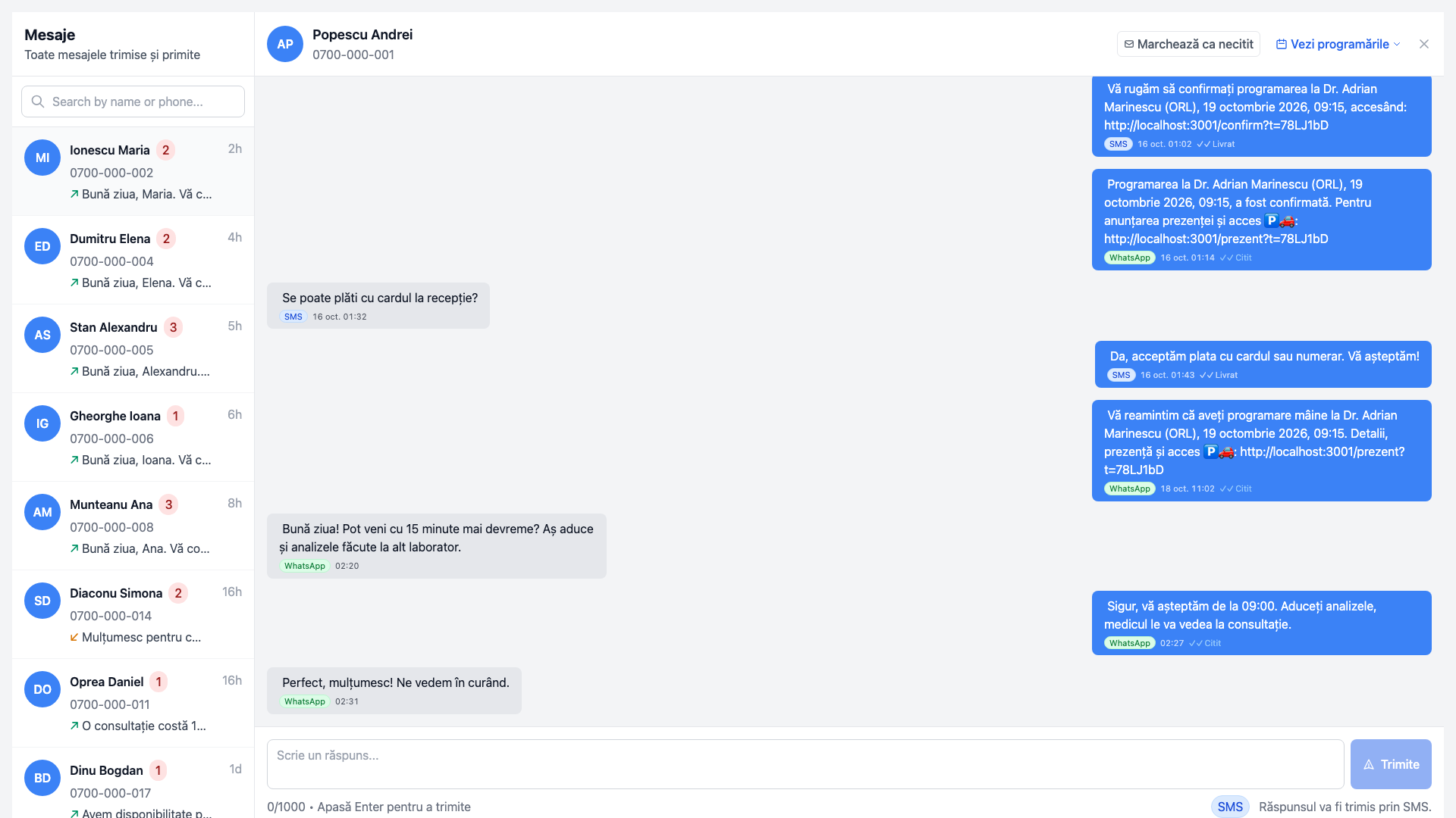Reamintirea pe SMS și răspunsul pacientului pe WhatsApp